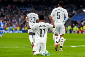 | Photo: AP/Manu Fernandez : La Liga 2024-25, Real Madrid vs Alaves: Real Madrid's Rodrygo celebrates after scoring his side's third goal