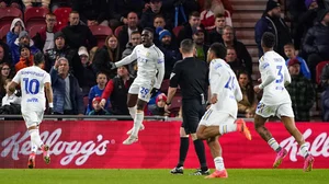 Leeds United’s Wilfried Gnonto celebrates scoring his side’s third goal during the EFL Championship match against Middlesbrough on April 22, 2024.