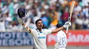 AP/Ajit Solanki : File photo of India opener Yashasvi Jaiswal celebrating his double century against England in the third Test in Rajkot.