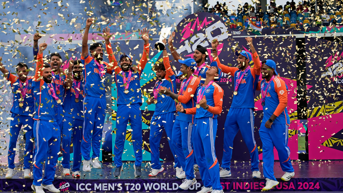 AP : India's players celebrate with the winners' trophy after winning against South Africa in the ICC Men's T20 World Cup final