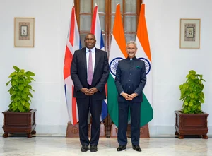 (X via AP) : This photo obtained from the Indian Foreign Minister Subrahmanyam Jaishankar's X account shows British Foreign Secretary David Lammy, left, with Jaishankar in New Delhi, India, Wednesday, July 24, 2024. 