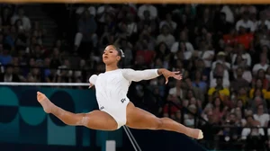  AP Photo/Charlie Riedel : Jordan Chiles, of the United States, competes during the women's artistic gymnastics individual floor finals at Bercy Arena at the 2024 Summer Olympics, Monday, Aug. 5, 2024, in Paris, France.