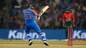 AP/Manish Swarup : Hardik Pandya plays a shot during the first T20 cricket match between Bangladesh and India in Gwalior.