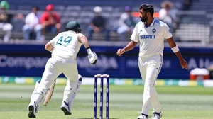 AP/Trevor Collens : India's captain Jasprit Bumrah, right, looks on as Australia's Steve Smith runs between the wickets on the fourth day of the first cricket test between Australia and India in Perth, Australia, Monday, Nov. 25, 2024. 
