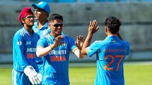 AP/Ahmed Ramzan : Samarth Nagaraj (R) celebrates the wicket of Pakistan's Shahzaib Khan with teammates during the Asian Cricket Council Under-19 Asia Cup at Dubai International Cricket Stadium.