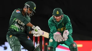 AP : Saim Ayub in action while South Africa wicketkeeper Heinrich Klaasen watches on during the first ODI match.