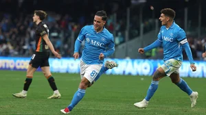 AP : Giacomo Raspadori, centre, celebrates after scoring the opening goal during the Serie A match between Napoli and Venezia at the Diego Armando Maradona Stadium in Naples.