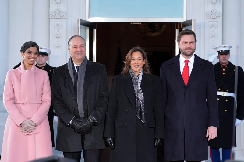 JD and Usha Vance with former Vice President Kamala Harris and Second Gentleman Doug Emhoff