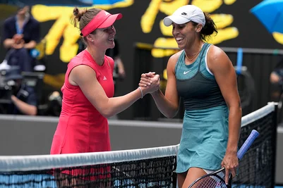 | Photo: AP/Manish Swarup : Australian Open Tennis quarterfinal: Madison Keys is congratulated by Elina Svitolina