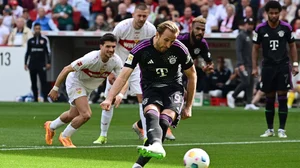  (Bernd Wei'brod/dpa via AP)
 : Munich's Harry Kane scores from the penalty spot, during the German Bundesliga soccer match between Bayern Munich and VfB Stuttgart, in Stuttgart, Germany, Saturday, May 4, 2024.