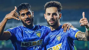 Photo: X/Chennaiyin FC : Irfan Yadwad celebrates with teammate Lukas Brambilla as the duo combine to put Chennaiyin FC ahead against Hyderabad FC in ISL 2024-25.