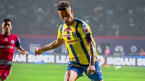 X/KeralaBlasters : JFC vs KBFC: Blasters' Noah Sadoui in action against Jamshedpur FC.