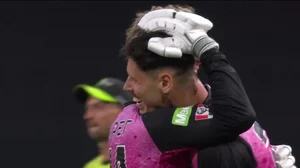 X/KFC Big Bash League : Ben Dwarshuis and Jordan Silk celebrate after Sydney Sixers beat Sydney Thunder in Big Bash League 2024-25.