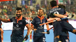 X/ @UPRudras : Sudeep celebrates his goal against Soormas.