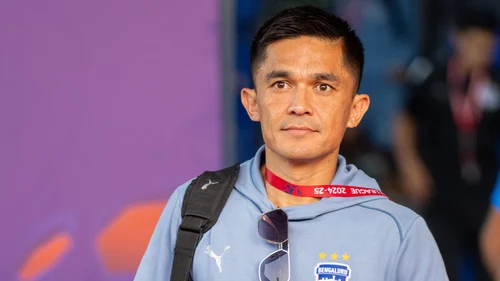 Photo: X/Bengaluru FC : Sunil Chhetri arrives at the Sree Kanteerava Stadium ahead of Bengaluru FCs clash with Odisha FC.