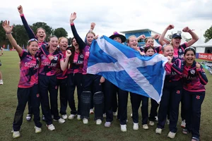 X/ @ICC : Scotland U19 women's team celebrating their game.