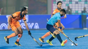 Hockey India : Hardik Singh (left) challenges Manpreet Singh during the Hockey India League match between UP Rudras and Team Gonasika.