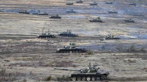  Tanks move during the Union Courage-2022 Russia-Belarus military drills.