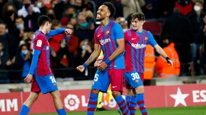 Barcelona's Pierre-Emerick Aubameyang celebrates after scoring against Athletic Bilbao in La Liga.