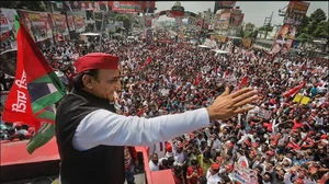 Samajwadi Party President Akhilesh Yadav during the Samajwadi Vijay Yatra in Kanpur.