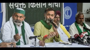 Samyukta Kisan Morcha (SKM) leader Yogendra Yadav along with party leaders during a presser in New D