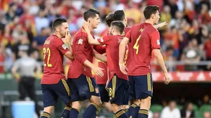 Spain's Alvaro Morata (second left) celebrates after scoring a goal during UEFA Nations League match