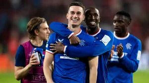 Rangers players celebrate their win over PSV Eindhoven in UEFA Champions League playoff round.