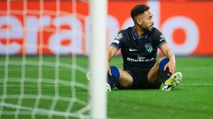 Atletico Madrid's Matheus Cunha reacts after his team's loss to Bayer Leverkusen  in UCL. 