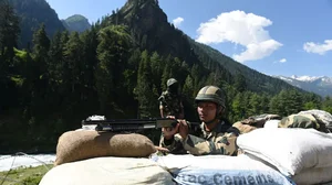 Border Security Force (BSF) personnel manning a checkpoint along a highway leading to Ladakh.