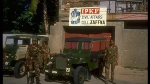 IPKF-Indian Peacekeeping Forces-soldiers w. jeep, outside HQ in Jaffna. 