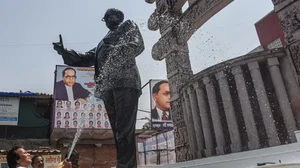 Followers wash the statue of Dr. Babasaheb Ambedkar in Mumbai