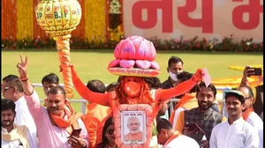 BJP supporters seen during the swearing in ceremony of Uttar Pradesh Government in Lucknow.