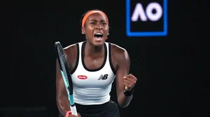 Coco Gauff celebrates after winning her second round match against Raducanu on Wednesday.