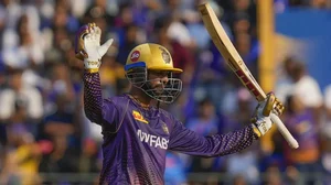 Iyer celebrates after reaching his hundred against MI in Mumbai on Sunday.