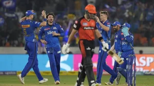 MI players celebrate the wicket of SRH captain Aiden Markram in Hyderabad on Tuesday.