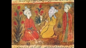 Amir Khusrow teaching his disciples in a miniature from a manuscript of Majlis al-Ushshaq 