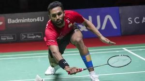 Prannoy in action against Axelsen in Jakarta on Saturday.