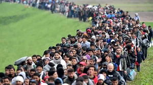 Migrants being escorted to Brezice refugee camp on October 23, 2015