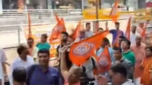 VHP activists protesting in Delhi against communal violence in Haryana today