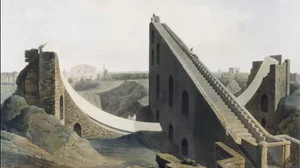 One of a pair of coloured aquatints by T&W Daniell, 1808, showing Samrat Yantra sundial in Delhi.