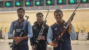 India's gold-winning trio of Divyansh Panwar, Aishwary Pratap Singh Tomar and Rudrankksh Patil.