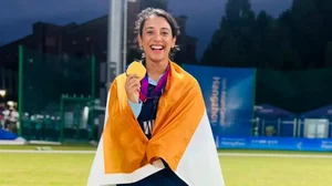 Smriti Mandhana celebrates the gold medal victory in Hangzhou.