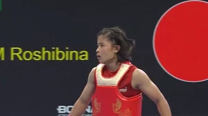 Naorem Roshibina Devi after winning the Asiad semifinal on Wednesday.