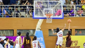 Basketball action at the National Games 2023 in Goa.