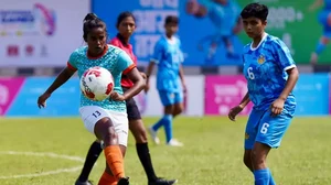 Football action at the National Games 2023 in Goa.