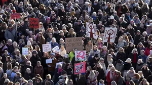 People across Iceland gather during the women's strike. 