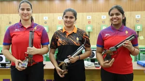 Women's 10m air pistol medal winners at the Goa National Games.