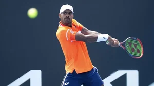 India's Sumit Nagal in action at the Australian Open 2024 qualifying tennis tournament in Melbourne.