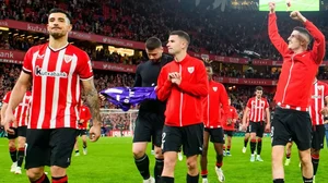 Athletic Bilbao players celebrate their victory over Real Sociedad in a La Liga 2023-24 match in Basque Country, Spain.