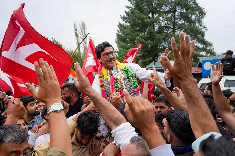 J&K polls: National Conference candidate Ahsan Pardesi celebrates his win - | Photo: PTI/S Irfan